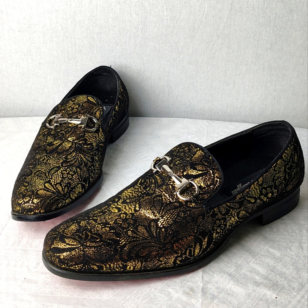 Antonio Mozzetti Men's Shoes 9 Horse bit Black Gold Formal Floral Dress Loafer